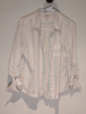 Style & Co. Cream Button-Down Shirt with Pastel Blue and Peach Stripes